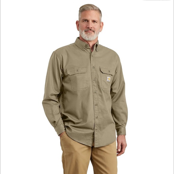 Carhartt Flame-Resistant Classic Twill Shirt Khaki Lightweight Size L Tall - Picture 1 of 6